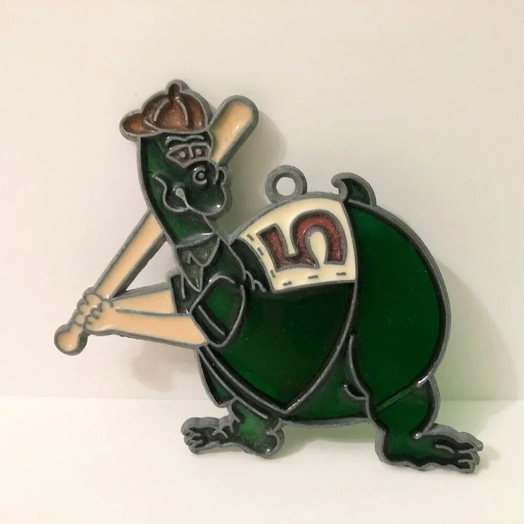 Vtg Dinosaur  Playing Baseball Suncatcher Small Window Hanging - Picture 2 of 12